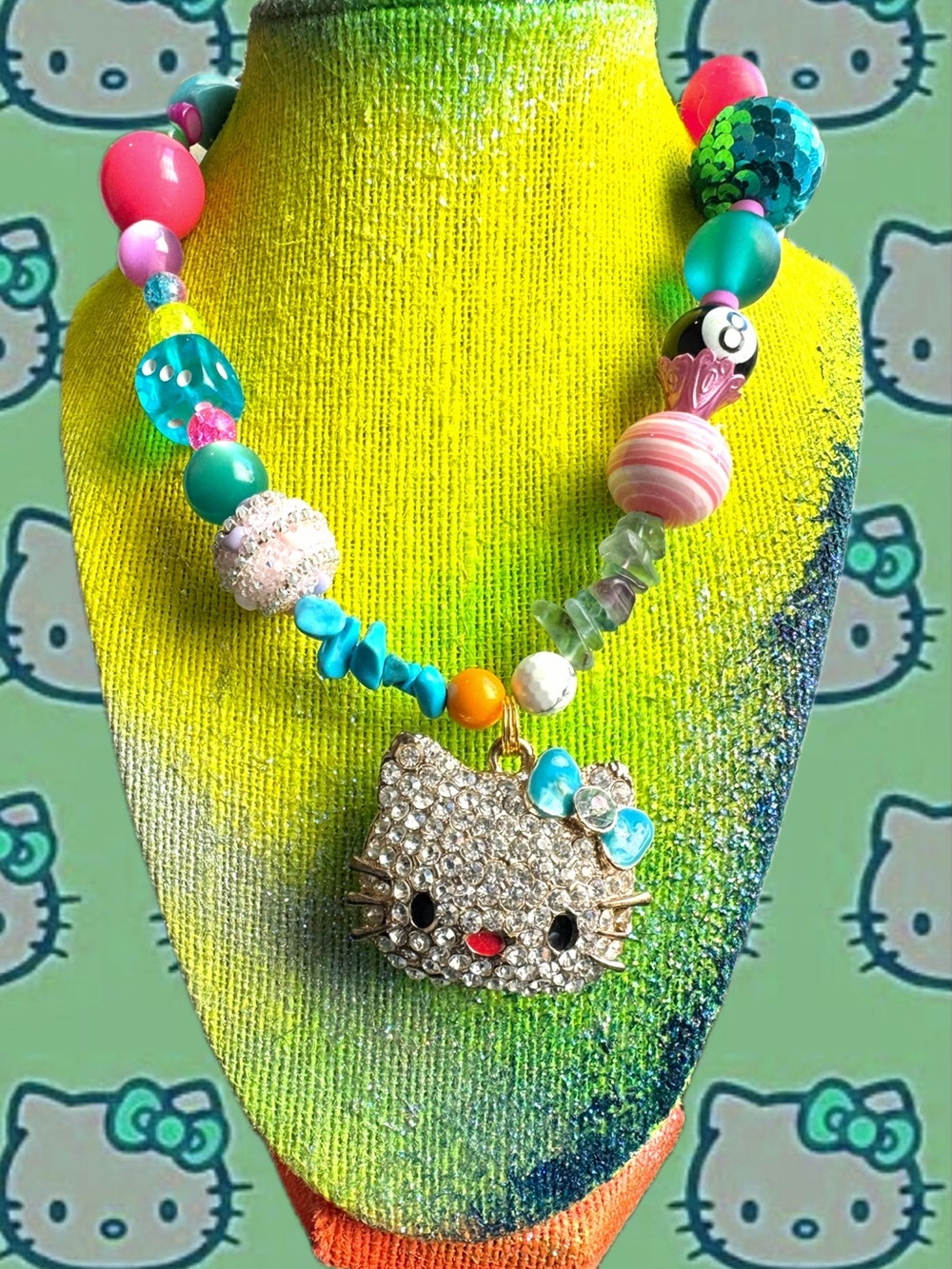 Kitty Inspired Multicolor Beaded Necklace with Rhinestone Pendant